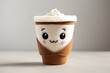 Photo of cute coffee cup felt mascot with smiley face and rosy cheeks