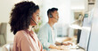 © David Lahoud/peopleimages.com - Telemarketing, black woman and crm worker on a consultation at call center with computer. Consultant, employee and discussion of office and agency sale communication with customer support on web
