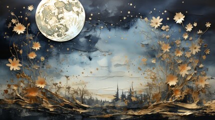 an abstract illustrated background with the moon and night sky and flowers. generative ai.