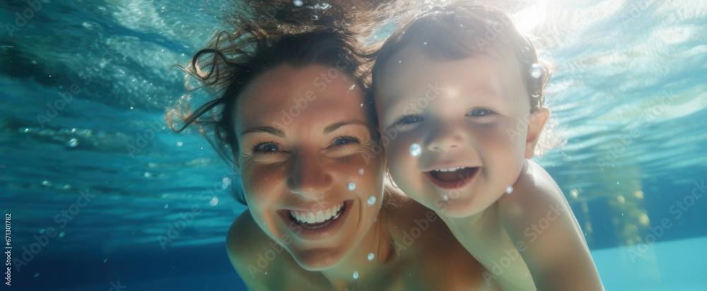 Cute smiling baby and mom having fun swimming and diving in the pool at ...