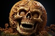 Pumpkin in form of an human skull next to old pumpkin