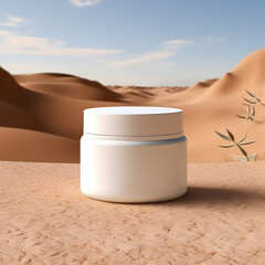 Wall Mural - Blank white cosmetic jar on sand with desert background