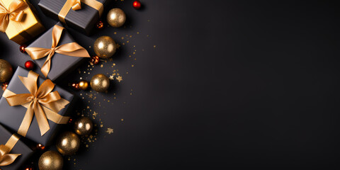 Wall Mural - Christmas banner with copy space. Christmas decoration with presents on black background. Copy space.