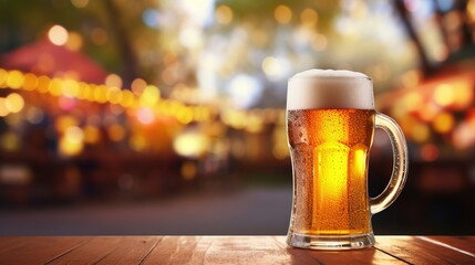 Fresh cold beer in glass and free space for your bottle  on a wooden table  blurred bokeh Bar interior festival background