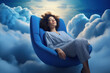 Leinwandbild Motiv A young African American woman enjoys restful sleep while sitting in an armchair surrounded by clouds. After a good night's sleep, we are more productive, think clearly, and make better decisions