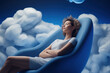 A young woman has fallen asleep in an armchair , dreaming that she is surrounded by giant cotton balls. Restful sleep prevents illnesses and strengthens the immune system