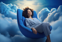 A Young African American Woman Enjoys Restful Sleep While Sitting In An Armchair Surrounded By Clouds. After A Good Night's Sleep, We Are More Productive, Think Clearly, And Make Better Decisions
