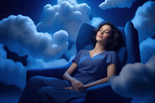 A young woman sleeps peacefully on a blue chair in the sky surrounded by clouds; it is essential to prioritize good sleep hygiene to improve our health and mental state