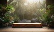 Realistic mockup podium with tropical scene for product display or showcase