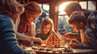 A family building a gingerbread house together.