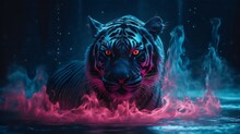 Portrait Of A Tiger In The Dark With Red Fire And Smoke. Generative AI.