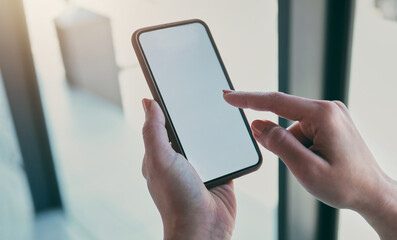 Poster - Phone screen, mockup and hands of business person in office for social media, internet and mobile app. Technology, professional and closeup of worker on smartphone for website, brand and advertising