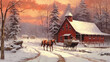 A snowy scene with a red barn and a horse-drawn sleigh carrying Christmas trees.