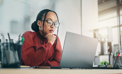 Aufkleber - Thinking, laptop and business woman focus, planning and reading online news report, project feedback or research ideas. Wonder, problem solving and professional female designer with doubt over design