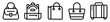 Conjunto de iconos de bolsas. Almacenamiento. Bolsa de mano, mochila, bolsa de compras y de playa, maleta de viaje. Ilustración vectorial