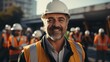 A smiling construction worker in a white hard hat stands confidently in the foreground, with a group of workers blurred in the background.
