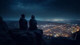 Fototapeta Natura - A young couple sitting on a rock on the top of a mountain looking at the night view of the city or town