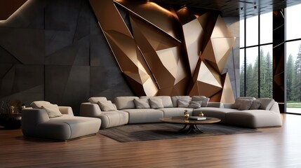 Wall Mural - Modern living room with wooden geometric wall