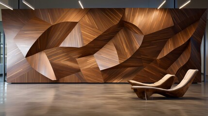 Wall Mural - Modern living room with wooden geometric wall