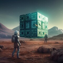 Wall Mural - astronaut in outer space with cube