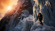 a frozen landscape with an ice climber in action