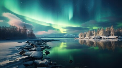 winter fairytale night atmosphere. beautiful northern lights in the sky. mysterious wildlife.