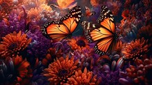 Butterflies Are Flying Over A Beautiful Flower Field. The Concept Of Spring, Summer. 