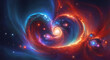 A brilliantly bizarre heart shaped cosmic collision, the merging of two stars creates a mesmerizing display of swirling colors and shapes. capturing the chaotic beauty of the event.