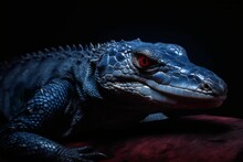 Close Up Of A Blue Crocodile With Red Eyes On Black Background. Generative AI.