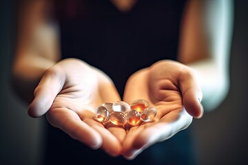 Wall Mural - Close up of female hands holding pills in cupped hands