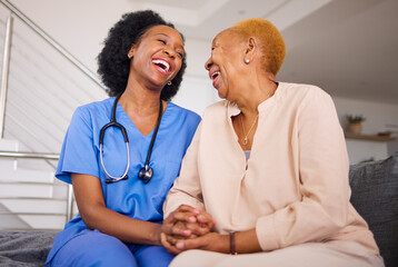 Wall Mural - Black people, nurse and patient laughing in elderly care for funny joke, comedy or humor together on sofa at home. Happy African medical professional enjoying time with senior female person in house