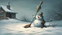 Snowman With A Broom, Keeping A Watchful Eye On The Snowy Landscape.