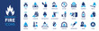 Fire icon set. Containing burning, flame, campfire, gas stove, lighter, match, smoke, firefighter and more. Vector solid icons collection.