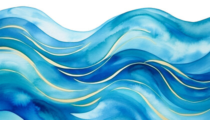 Abstract water ocean wave, blue, aqua, teal, white, and gold texture. Transparent water wave web banner graphic resource as background for watercolor ocean wave, wavy copy space for text.