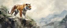 A Striking Watercolor Depiction Of A Tiger Standing Proudly On A Mountaintop, An Emblem Of Strength And Natural Beauty.