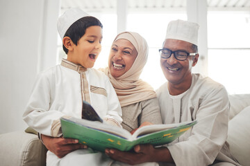 Wall Mural - Happy family, Muslim parents or child reading book for learning, Islamic knowledge or studying Allah. Support, funny father or Arabic mom laughing or teaching kid worship, prayer or religion at home