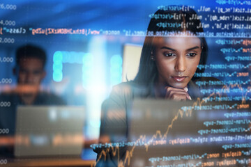 Canvas Print - Programmer, code and woman with focus, holographic and digital software with cyber security, futuristic and coding. Female person, coder and employee with data analysis, research and concentration