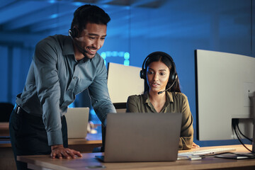 Aufkleber - Businessman, call center and coaching on laptop at night in customer service or support at the office. Happy business people or virtual assistant working late and training woman consultant or agent