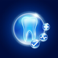 Wall Mural - Healthy tooth inside glass bubbles glowing with medical icon cross sign, Heart pulse and Check mark. Medical health care innovation. Human anatomy organ translucent on blue background. Vector.