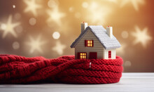 A house wrapped up warm with a knitted scarf. Winter heating and energy concept