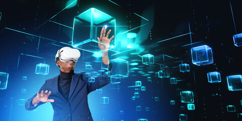 Poster - african businessman in vr glasses touching block in cyberspace, immersive. ai generative