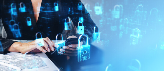 Poster - Woman hands with phone and contract on desk, data protection and cybersecurity. Ai generative
