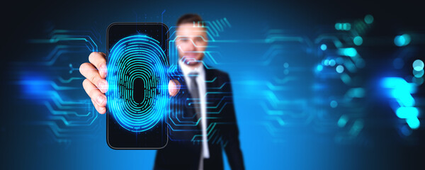 Poster - Businessman hand holding phone, biometric scanning and hologram with fingerprint. Ai generative
