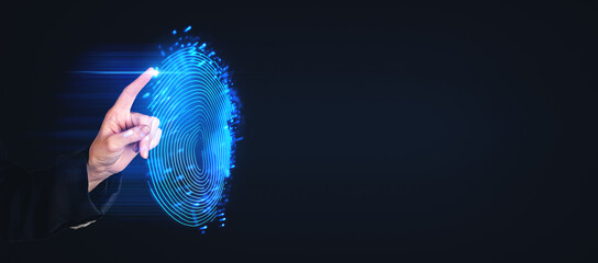 Poster - Woman finger touching fingerprint hologram hud, copy space. Ai generative
