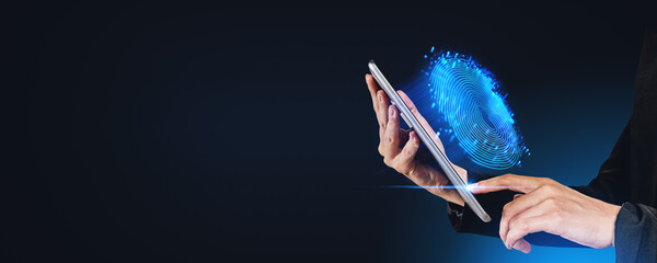 Poster - Businesswoman finger touch tablet, fingerprint hud hologram and copy space. Ai generative