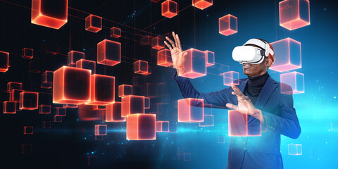 Poster - African man in vr glasses, blocks in cyberspace, metaverse and virtual reality. Ai generative