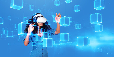 Poster - African woman in vr glasses, blocks in cyberspace, metaverse and virtual reality. Ai generative