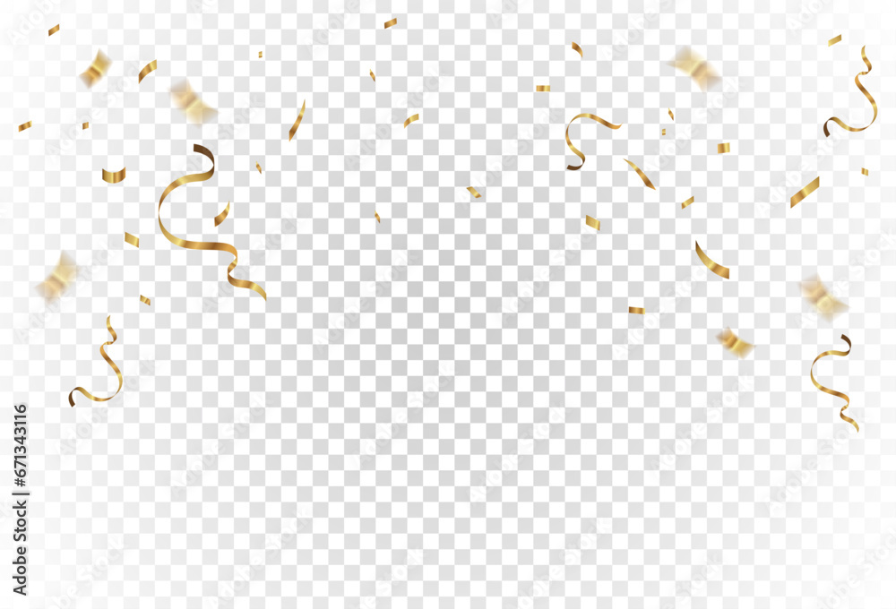 Gold confetti and ribbon streamers falling on a transparent background ...