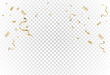 Gold confetti and ribbon streamers falling on a transparent background. blurred.  Vector. eps 10