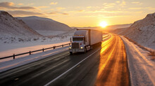 A Large truck driving on a road in winter, snow covered landscape.